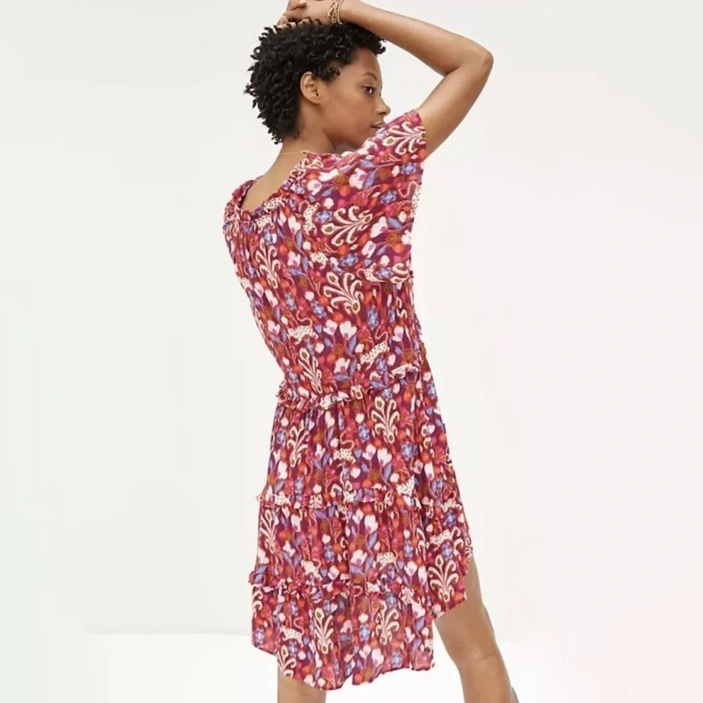 By Anthropologie Robin Tiered Ruffled Mini Dress - RedPink Floral Print - Size S - Picture 3 of 10